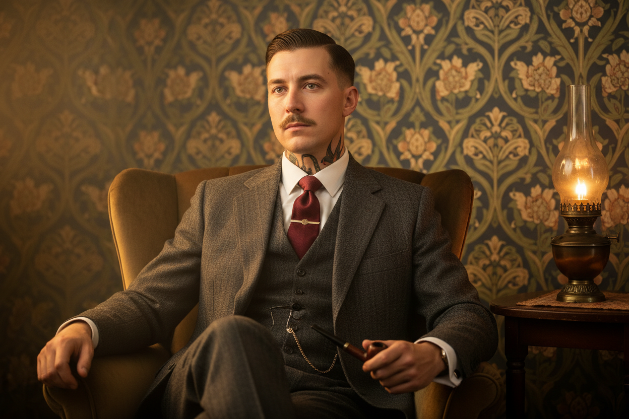 1920 luvun tyylinen herrasmies jolla on kaulassa american traditional tatuointeja. Miehellä on vanguar tyyliset pomadella kammatut hiukset ja siistit lyhyet viikset. Taustalla on 1920 luvun tapetti ja öljylamppu valonlähteenä